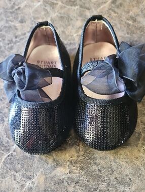 Stuart Weitzman Black Sequin Mary Jane Shoes with Bow